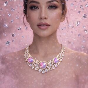 Elegant Natasha Goldtone & Rivoli Multicolor Aurora Borealis Statement Necklace